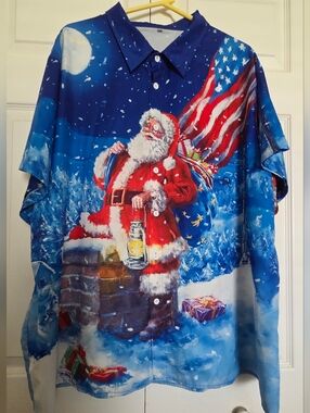 Festive Santa Holiday Button-Up Shirt in Blue and Red - RUNS SMALL
